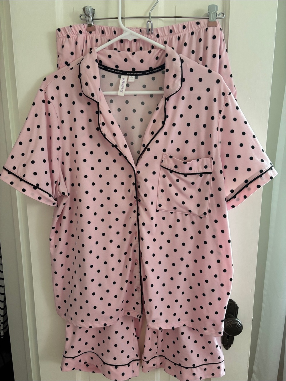 Polka Dot Capri Pajama Set — Pink with Black Trim